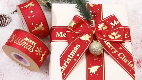 ゴールドホイル印刷 クリスマスリボン 赤 個別化されたクリスマスリボン