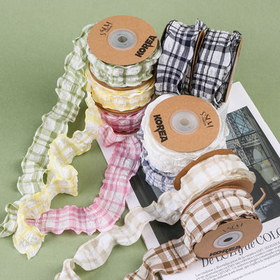 韓国 レイチ 青と白のギンガムリボン 38mm ポリエステル ピンク タタンリボン