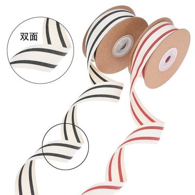 ISO14001 ストライプコットンリボン 15mm-38mm 黒と白のリボン